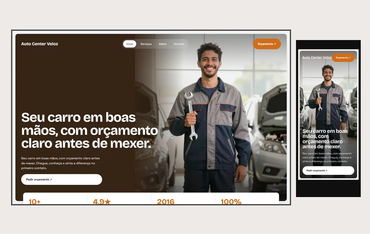 Site de oficina mecânica no modelo Panorama Céu