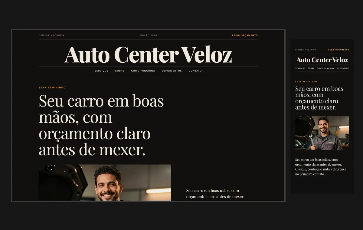 Site de oficina mecânica no modelo Revista Ébano