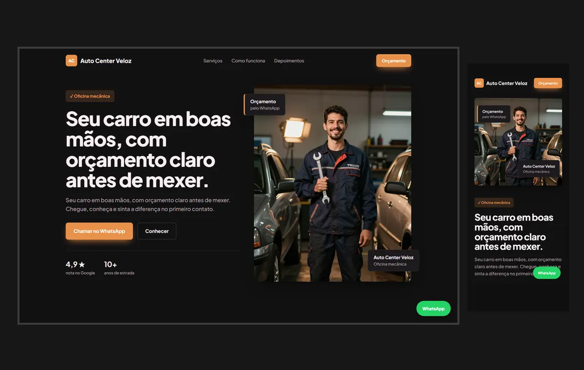 Site de oficina mecânica no modelo Vitrine Neon