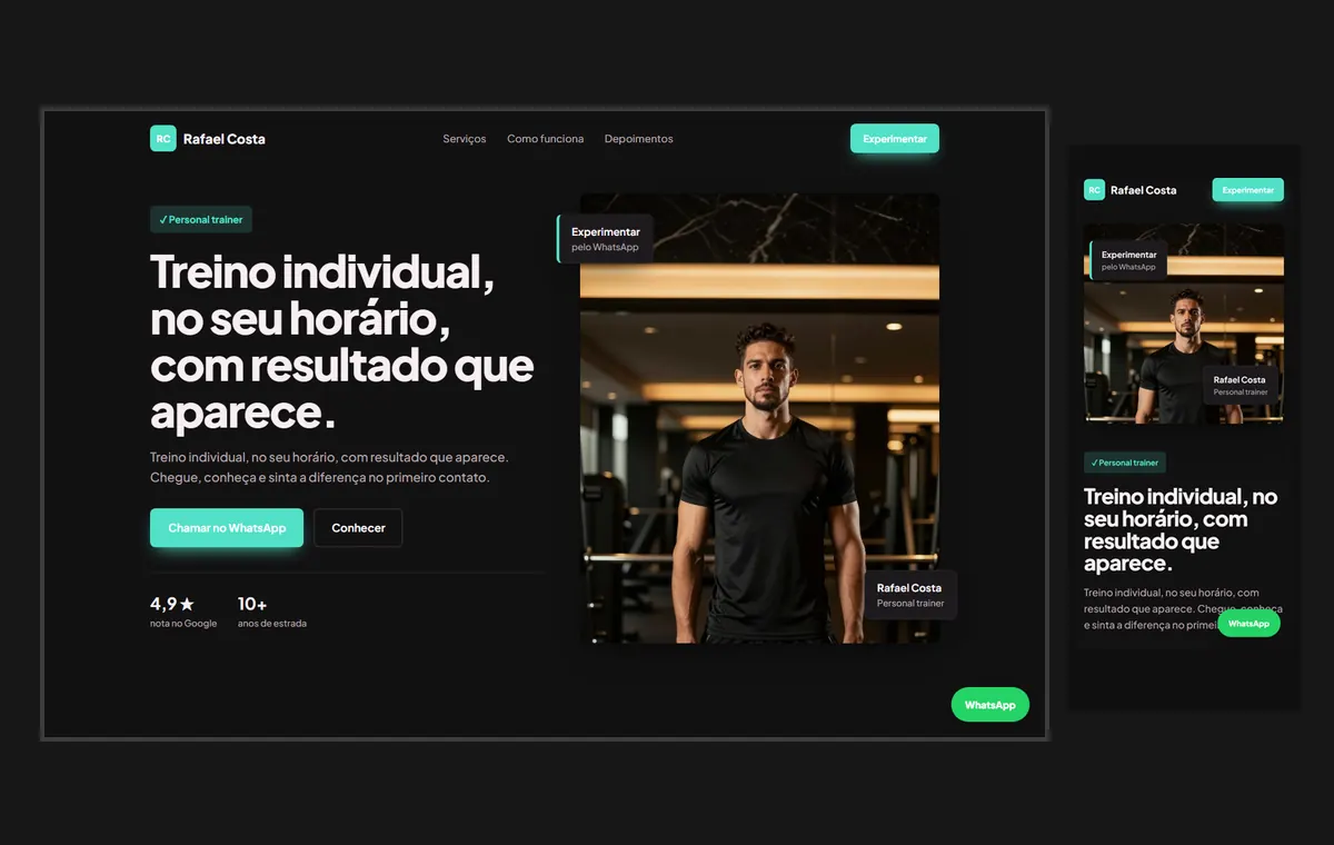 Site de personal trainer no modelo Vitrine Neon