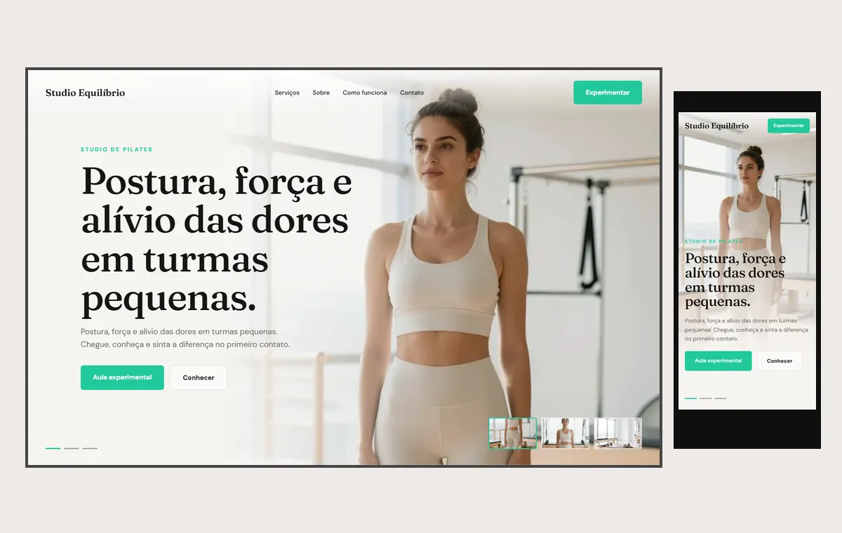 Site de pilates no modelo Cinema Luz