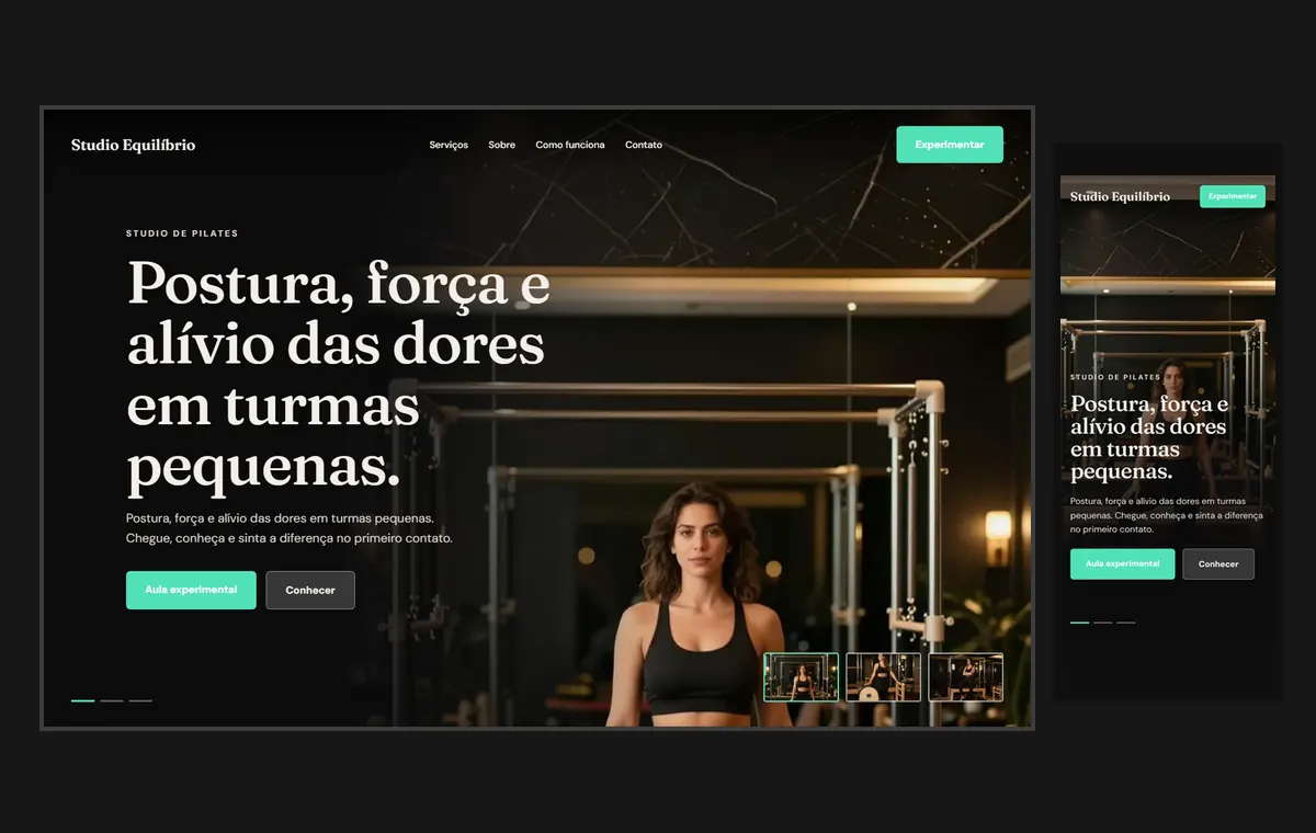 Site de pilates no modelo Cinema Noite