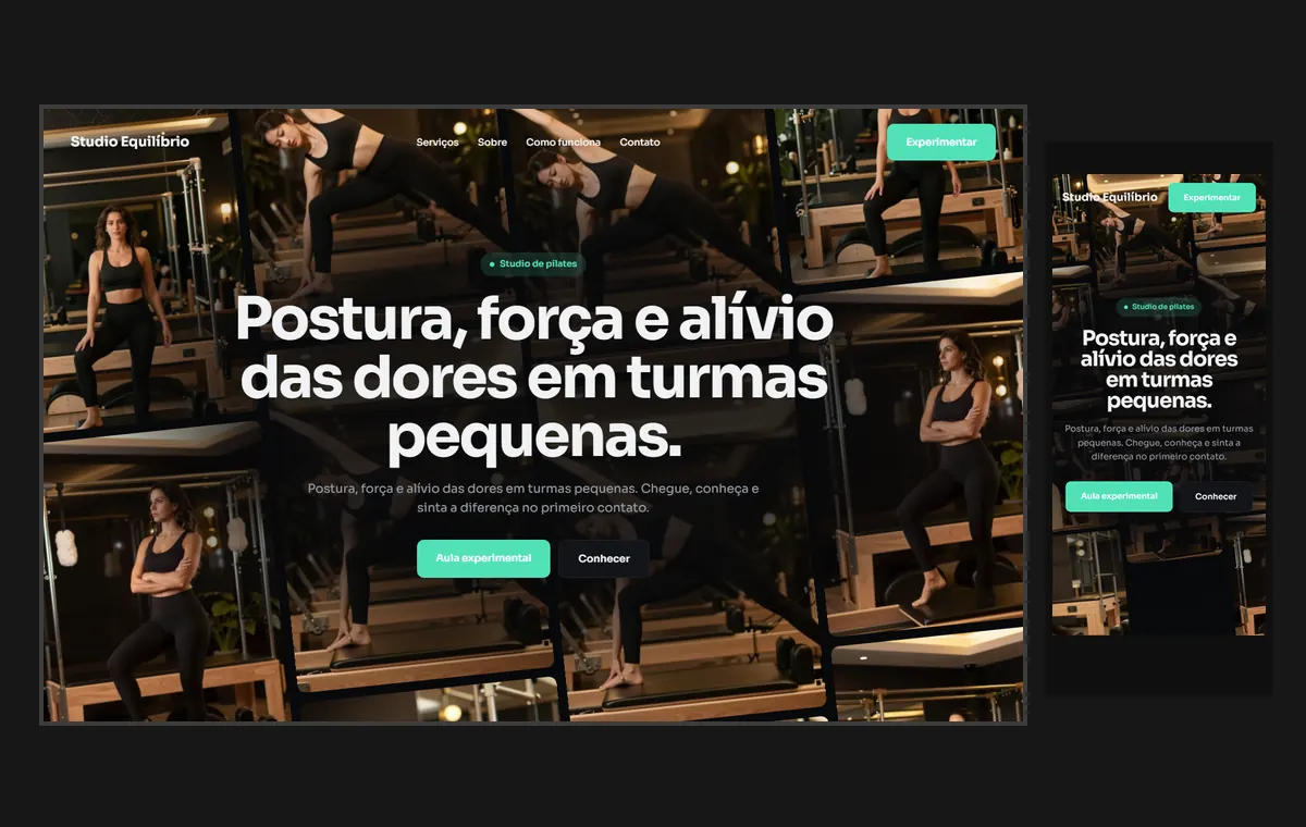 Site de pilates no modelo Fluxo Noite