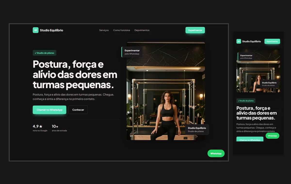 Site de pilates no modelo Vitrine Neon