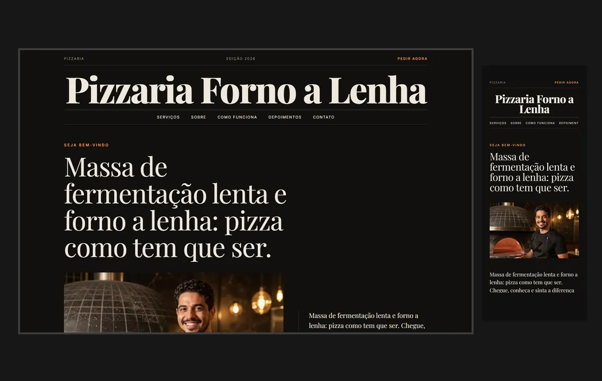 Site de pizzaria no modelo Revista Ébano