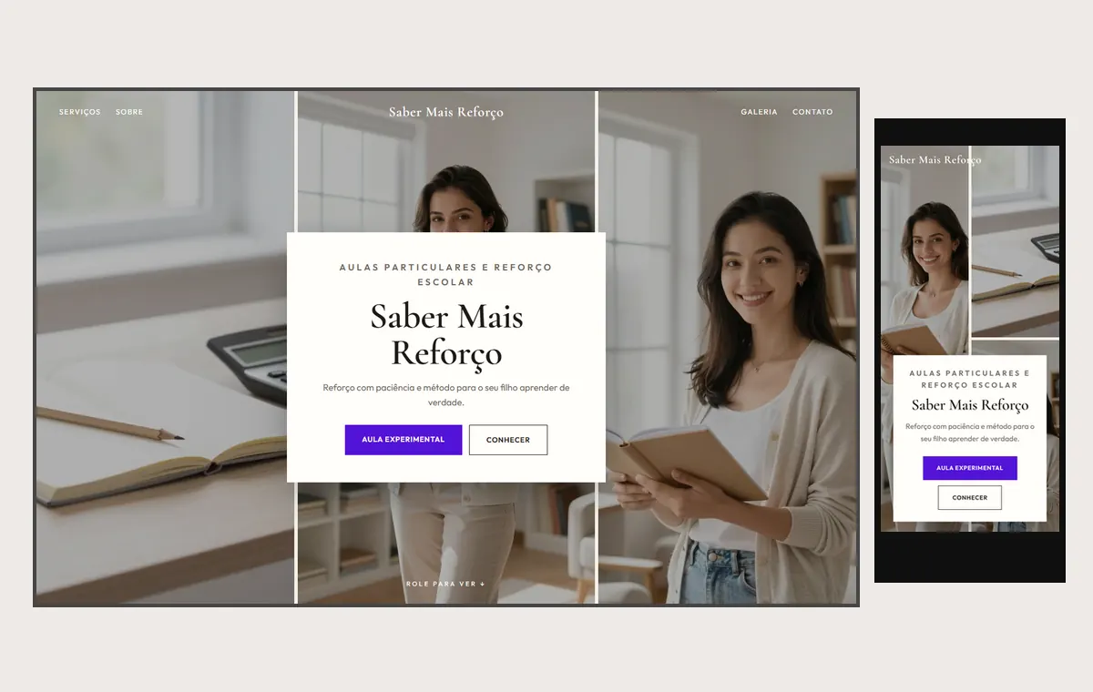 Site de aulas particulares e reforço no modelo Mosaico Areia