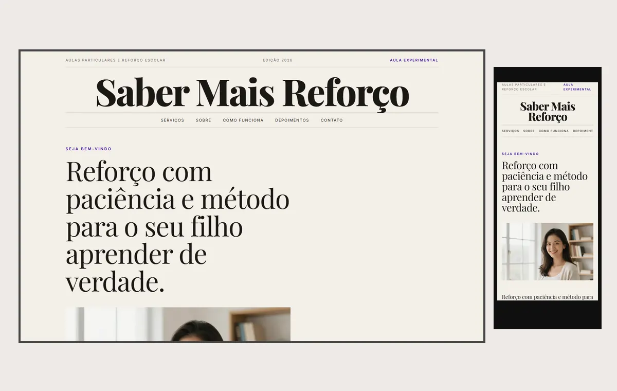 Site de aulas particulares e reforço no modelo Revista Linho