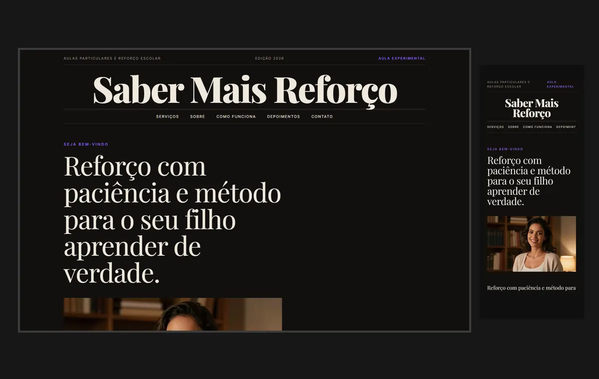 Site de aulas particulares e reforço no modelo Revista Ébano