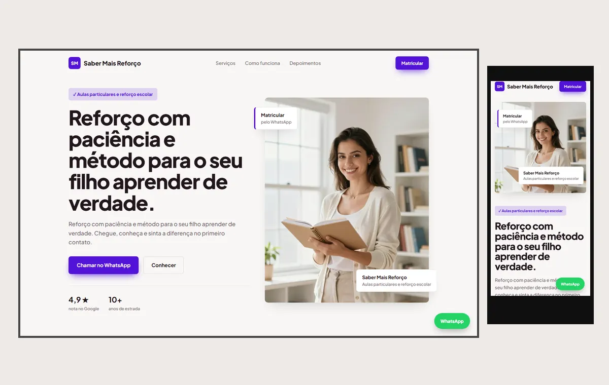 Site de aulas particulares e reforço no modelo Vitrine Aurora