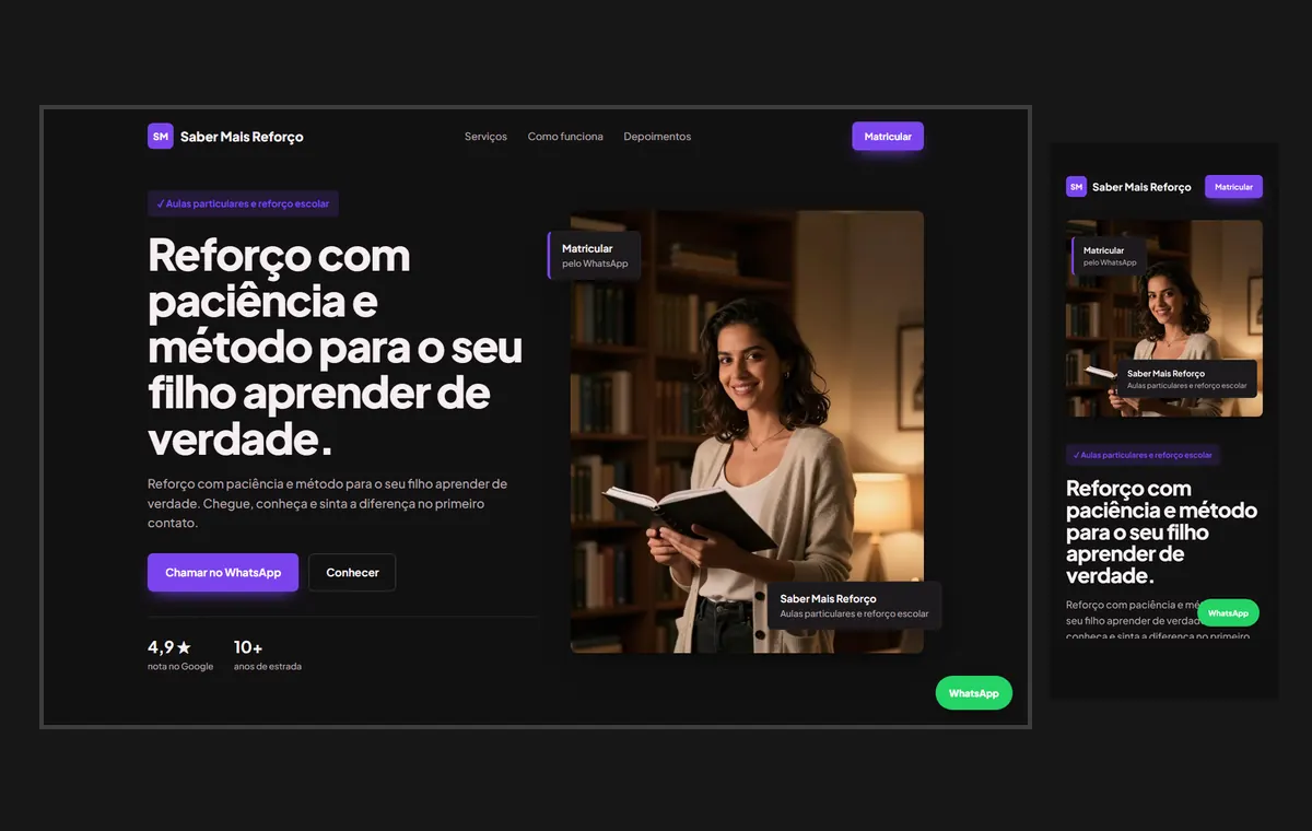 Site de aulas particulares e reforço no modelo Vitrine Neon