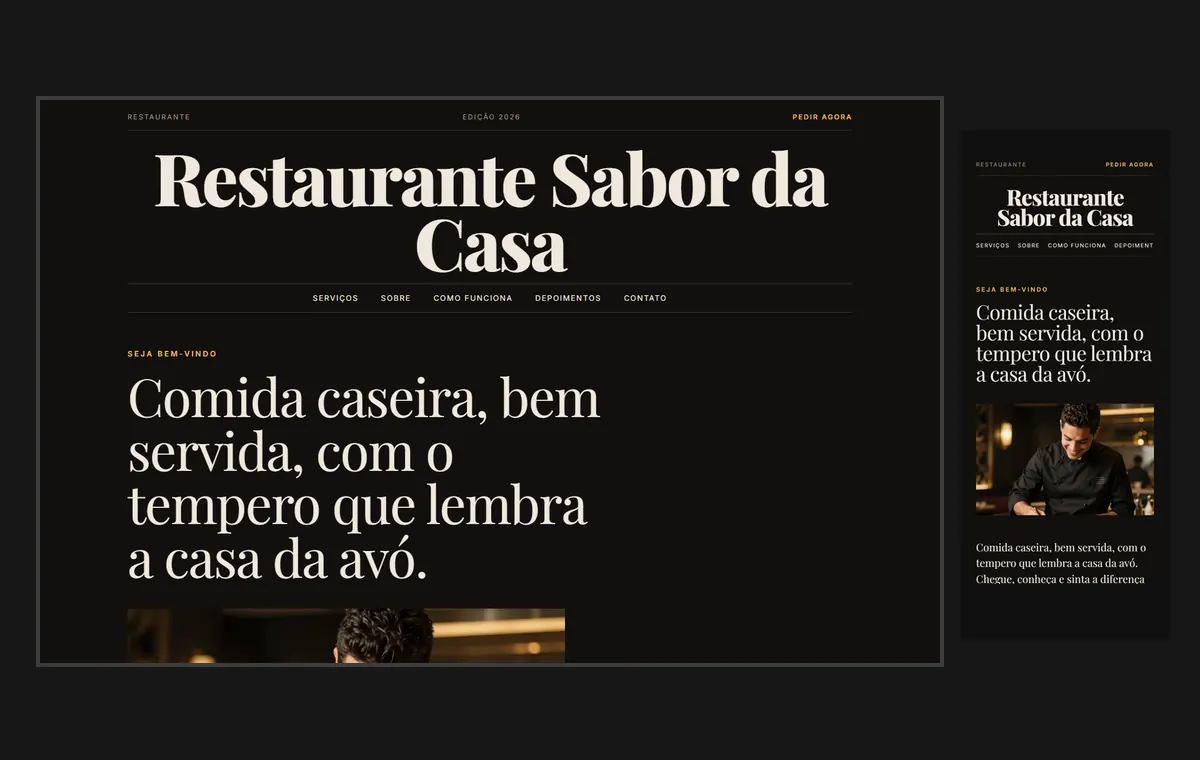 Site de restaurante no modelo Revista Ébano
