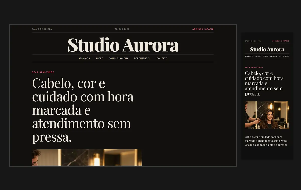Site de salão de beleza no modelo Revista Ébano