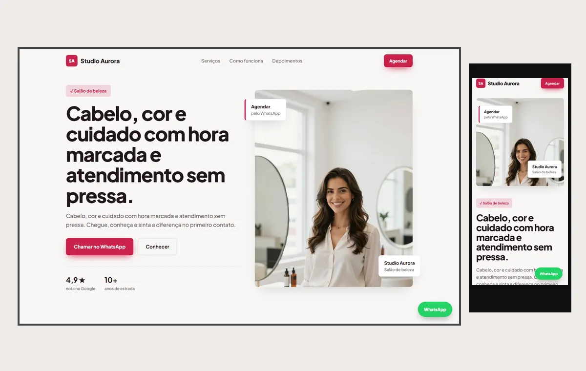 Site de salão de beleza no modelo Vitrine Aurora