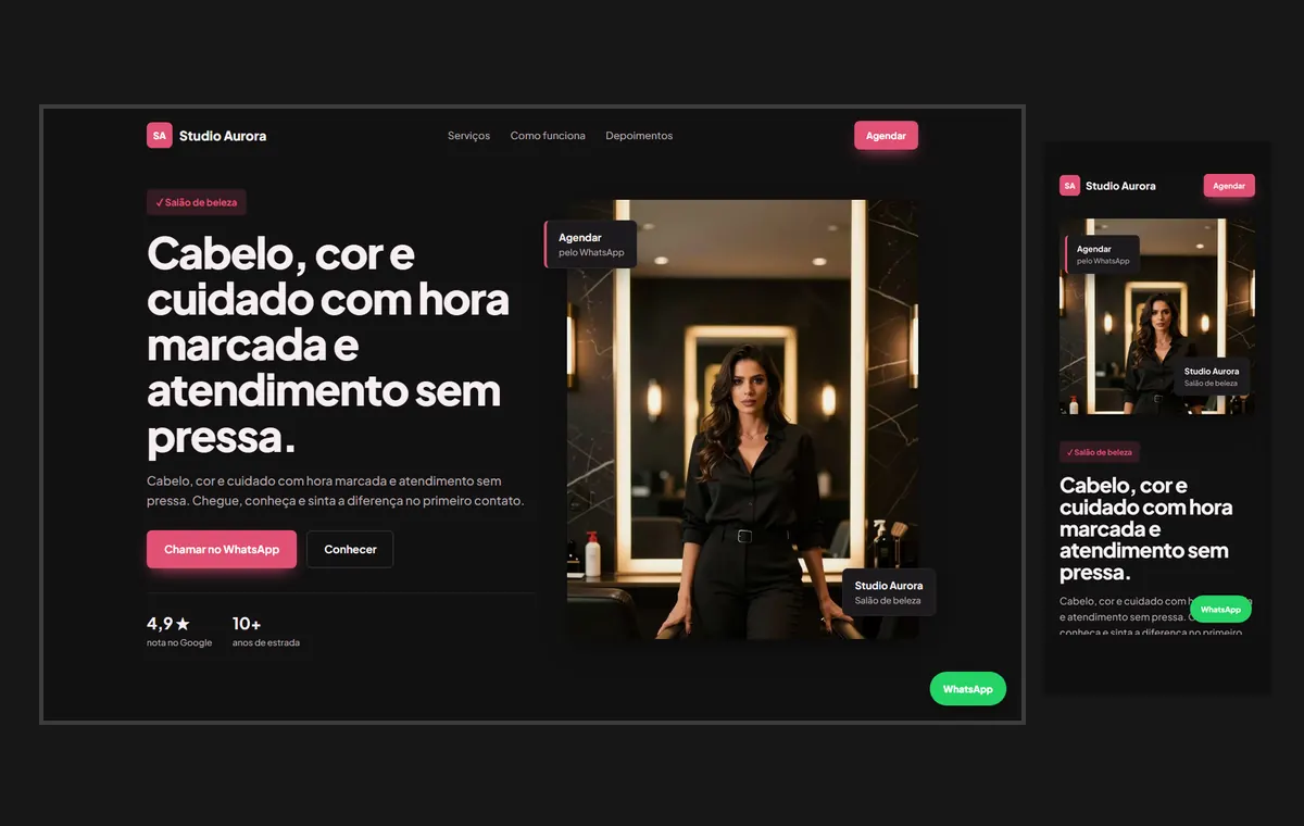 Site de salão de beleza no modelo Vitrine Neon