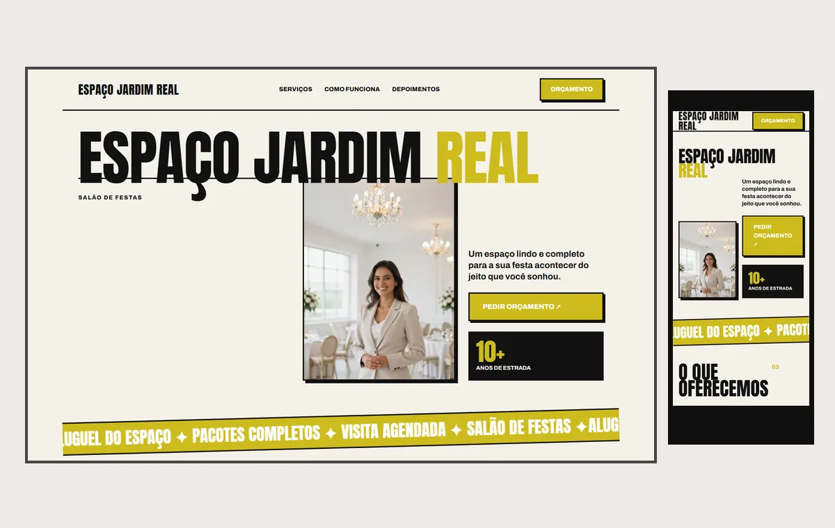 Site de salão e espaço de festas no modelo Impacto Sol