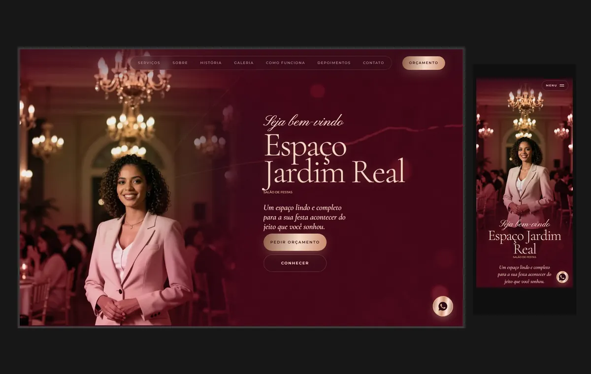 Site de salão e espaço de festas no modelo Luxo Noite
