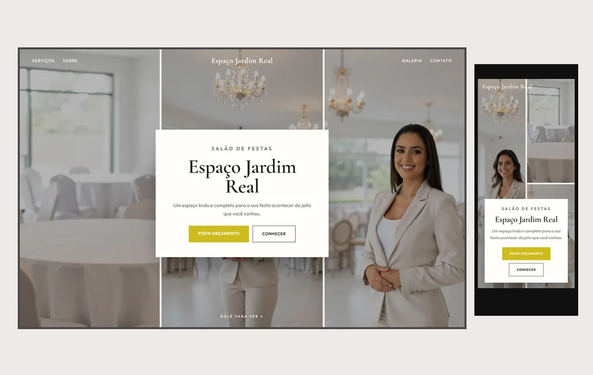 Site de salão e espaço de festas no modelo Mosaico Areia