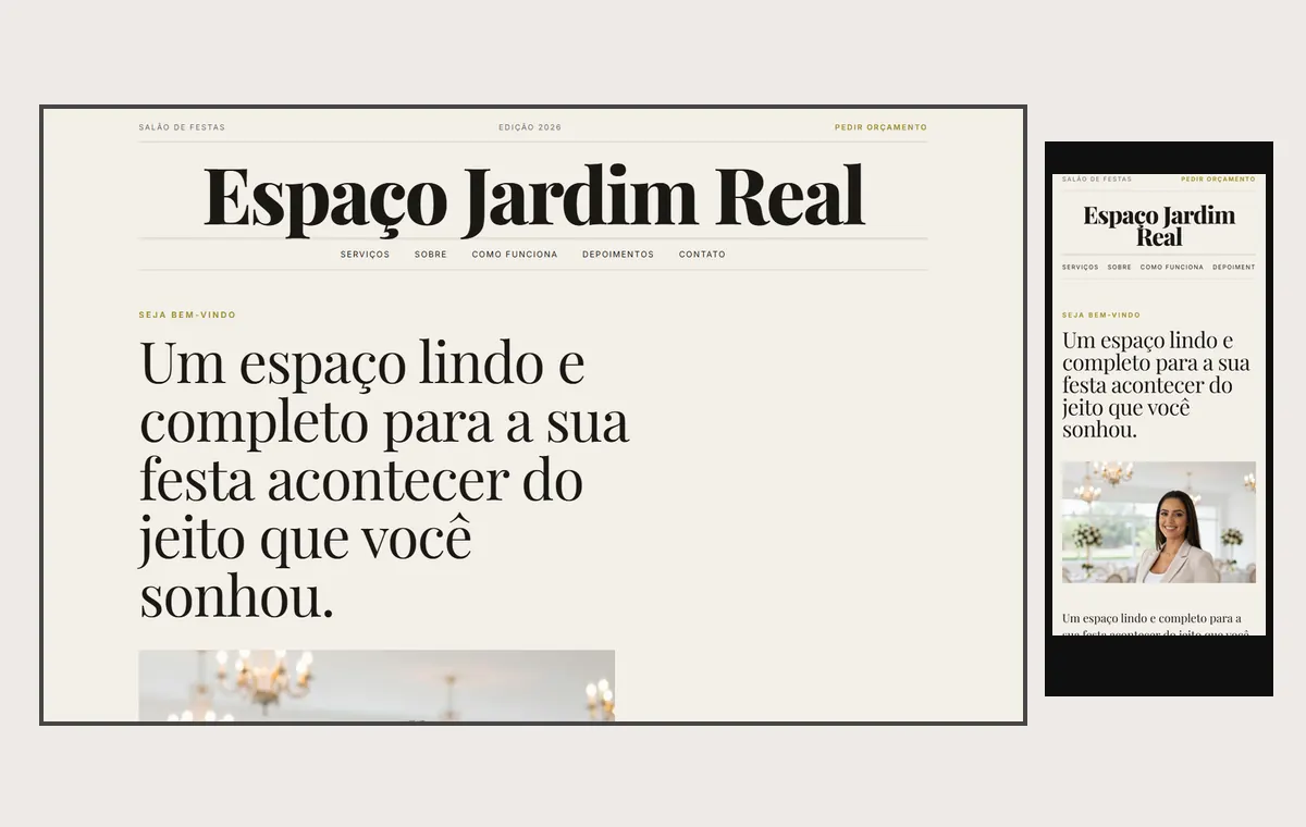 Site de salão e espaço de festas no modelo Revista Linho