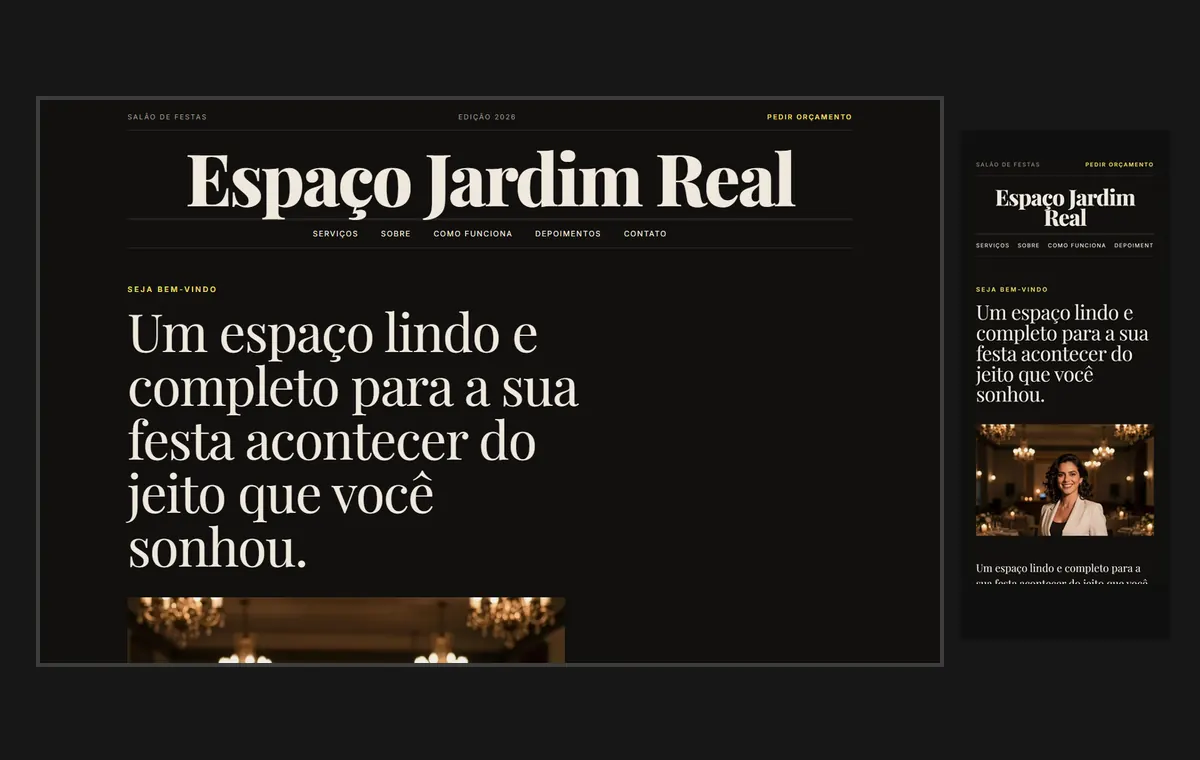 Site de salão e espaço de festas no modelo Revista Ébano
