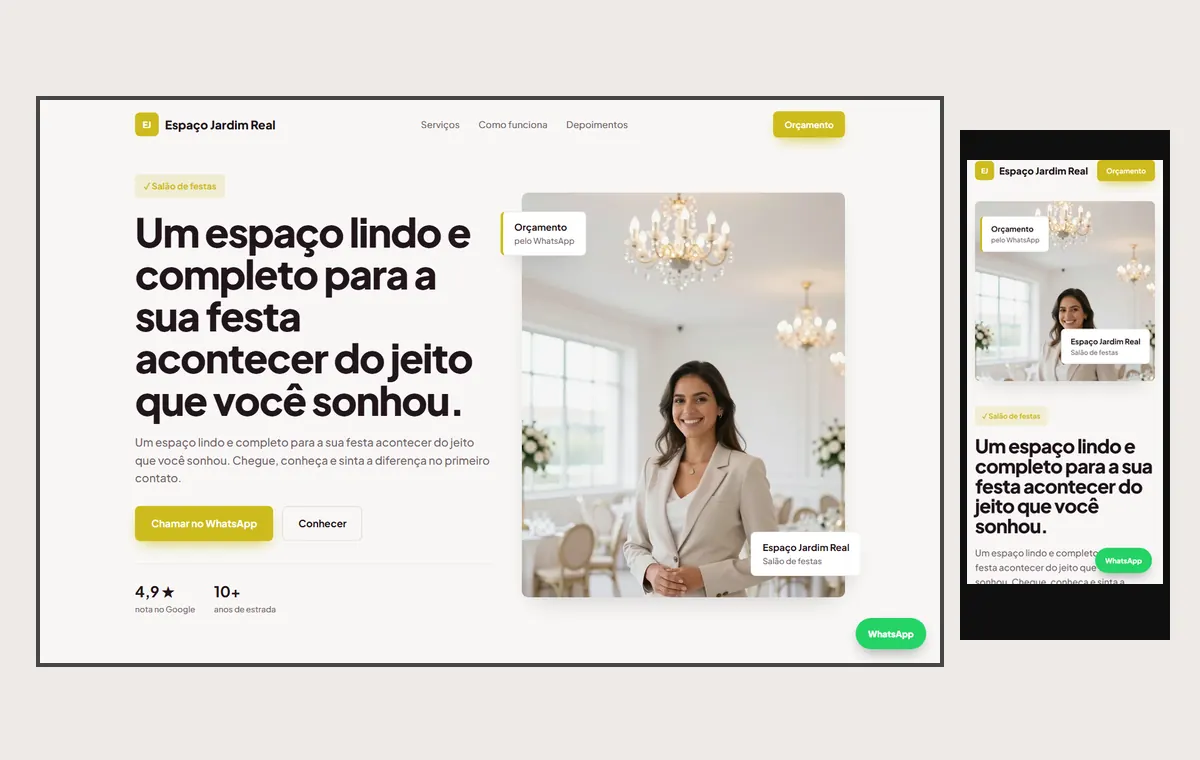 Site de salão e espaço de festas no modelo Vitrine Aurora