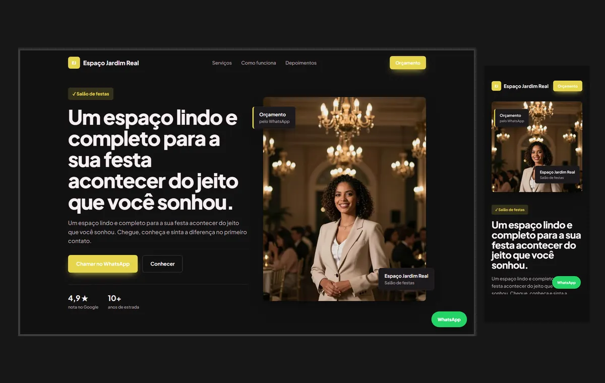 Site de salão e espaço de festas no modelo Vitrine Neon