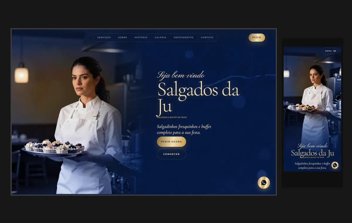 Site de salgados e buffet no modelo Luxo Noite