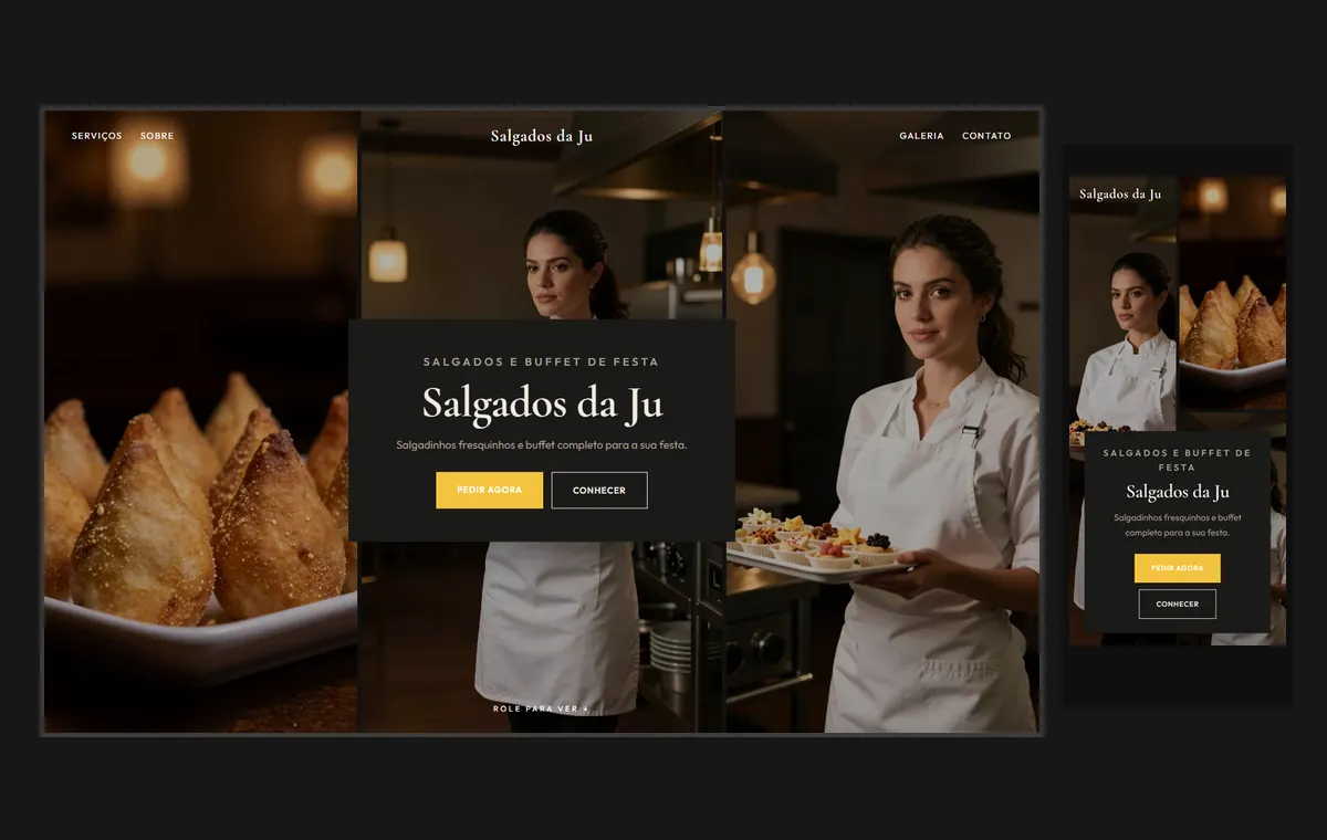 Site de salgados e buffet no modelo Mosaico Carvão