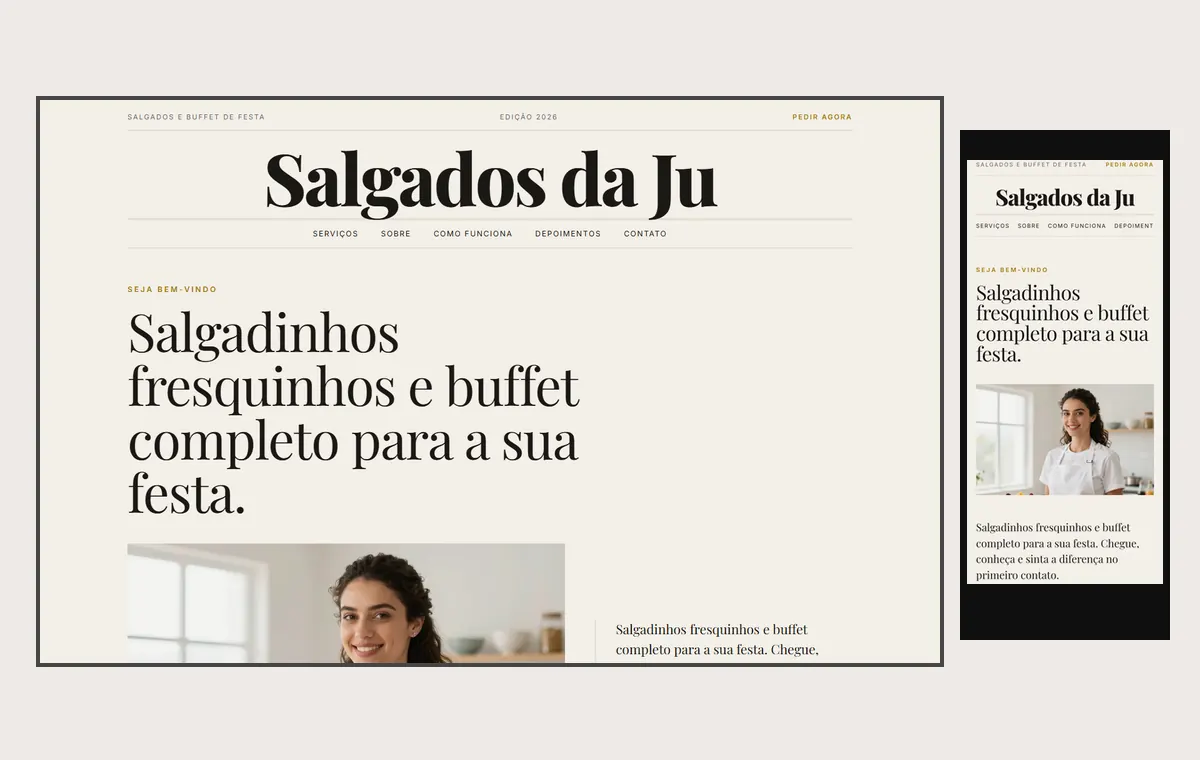 Site de salgados e buffet no modelo Revista Linho