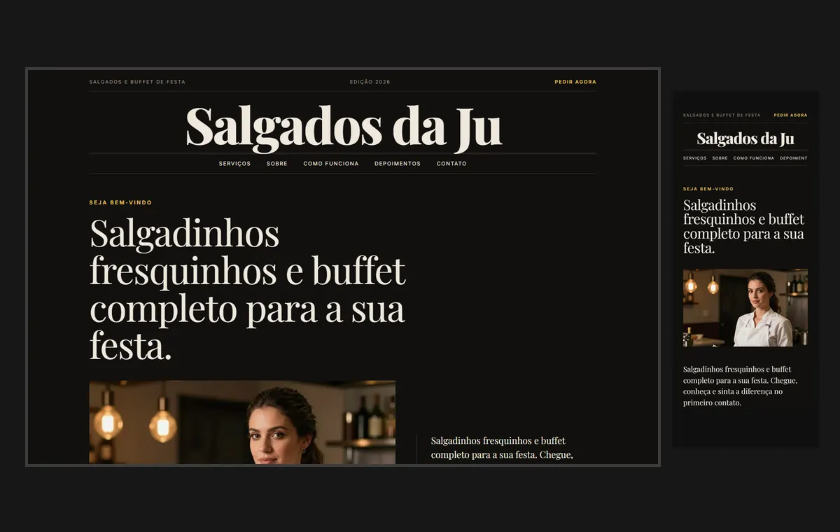 Site de salgados e buffet no modelo Revista Ébano
