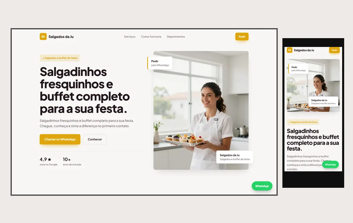 Site de salgados e buffet no modelo Vitrine Aurora