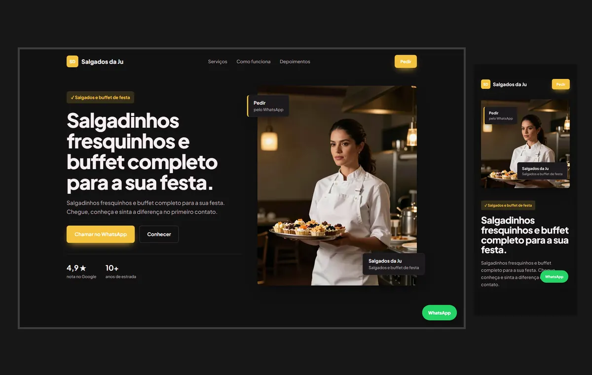 Site de salgados e buffet no modelo Vitrine Neon