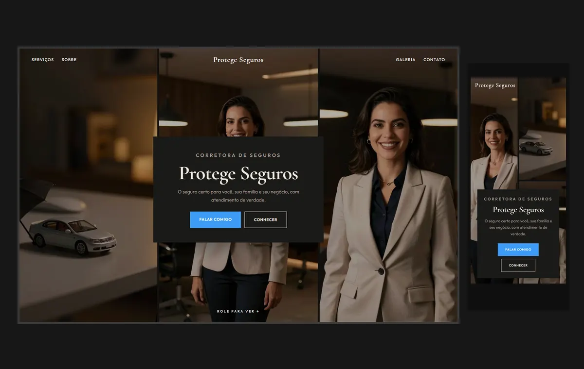 Site de corretor de seguros no modelo Mosaico Carvão