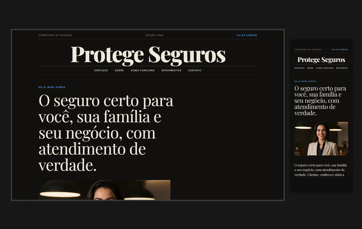 Site de corretor de seguros no modelo Revista Ébano