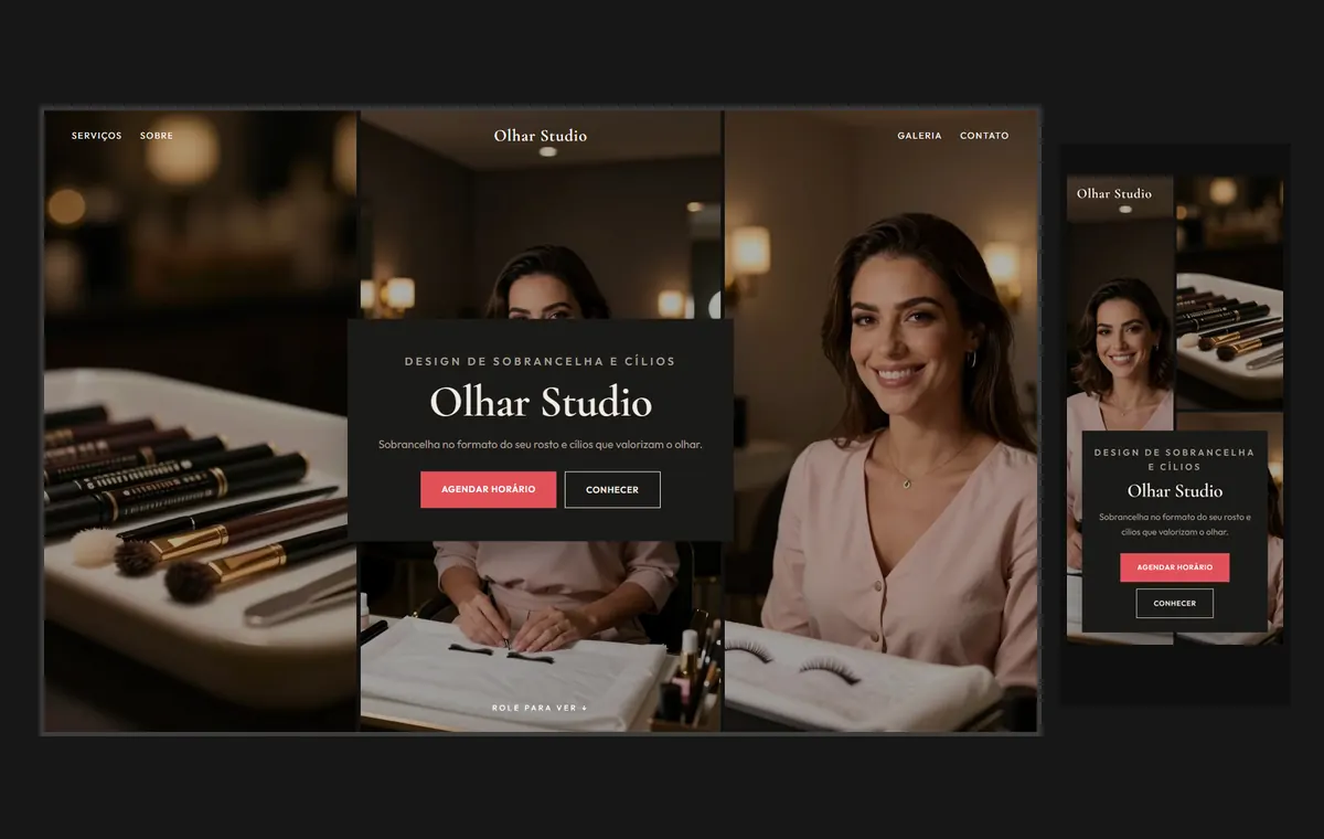 Site de sobrancelha e cílios no modelo Mosaico Carvão
