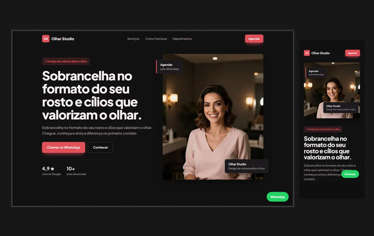 Site de sobrancelha e cílios no modelo Vitrine Neon