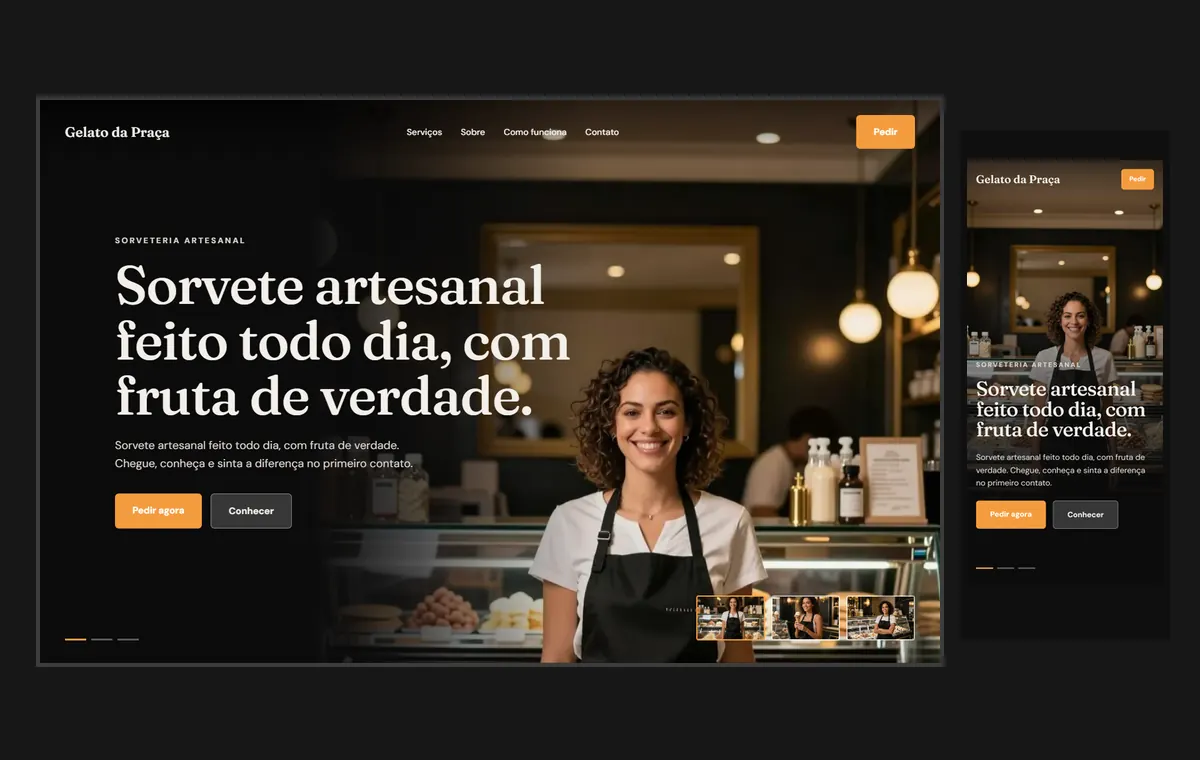 Site de sorveteria no modelo Cinema Noite