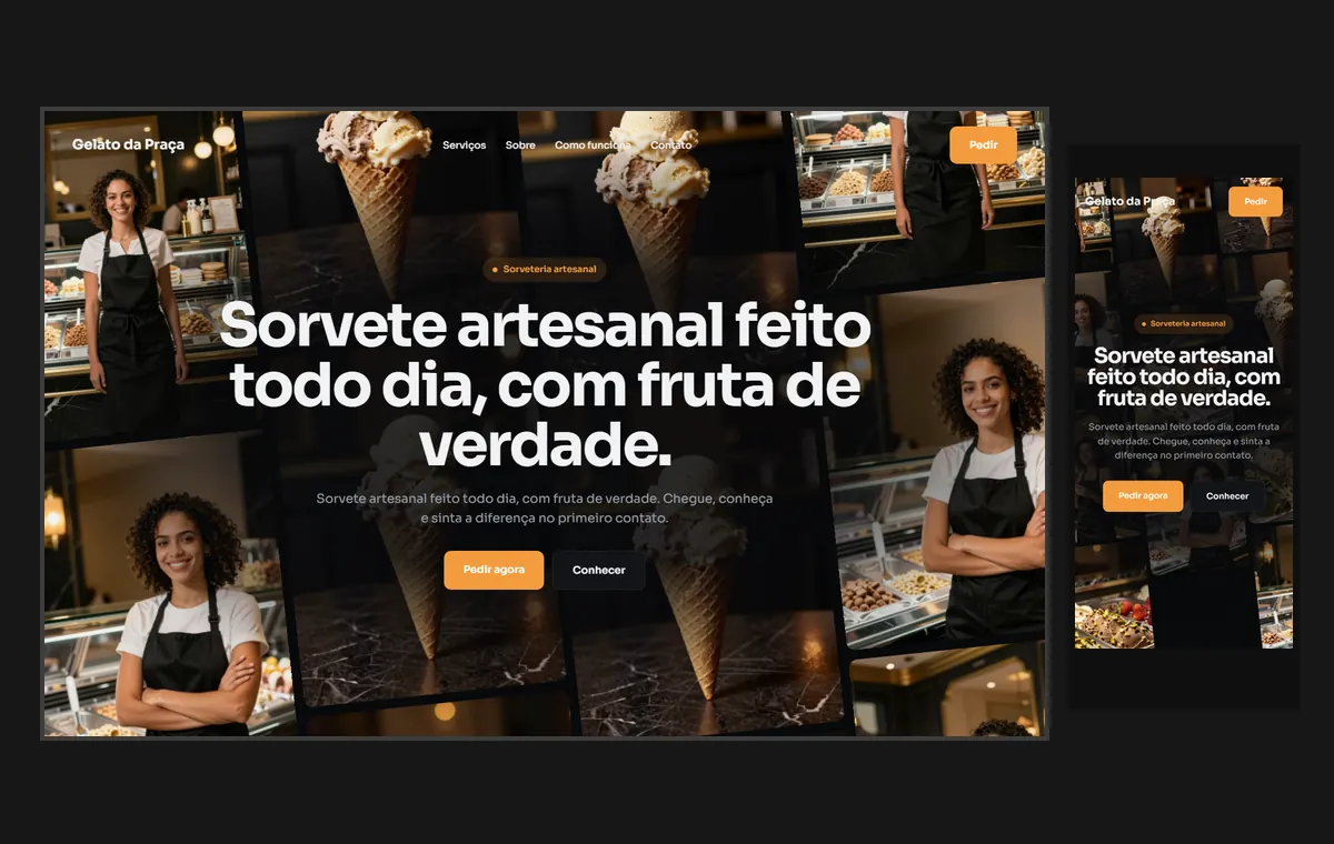 Site de sorveteria no modelo Fluxo Noite