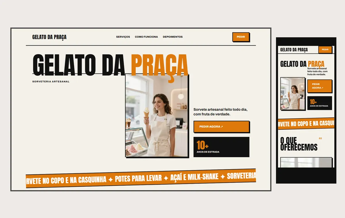 Site de sorveteria no modelo Impacto Sol