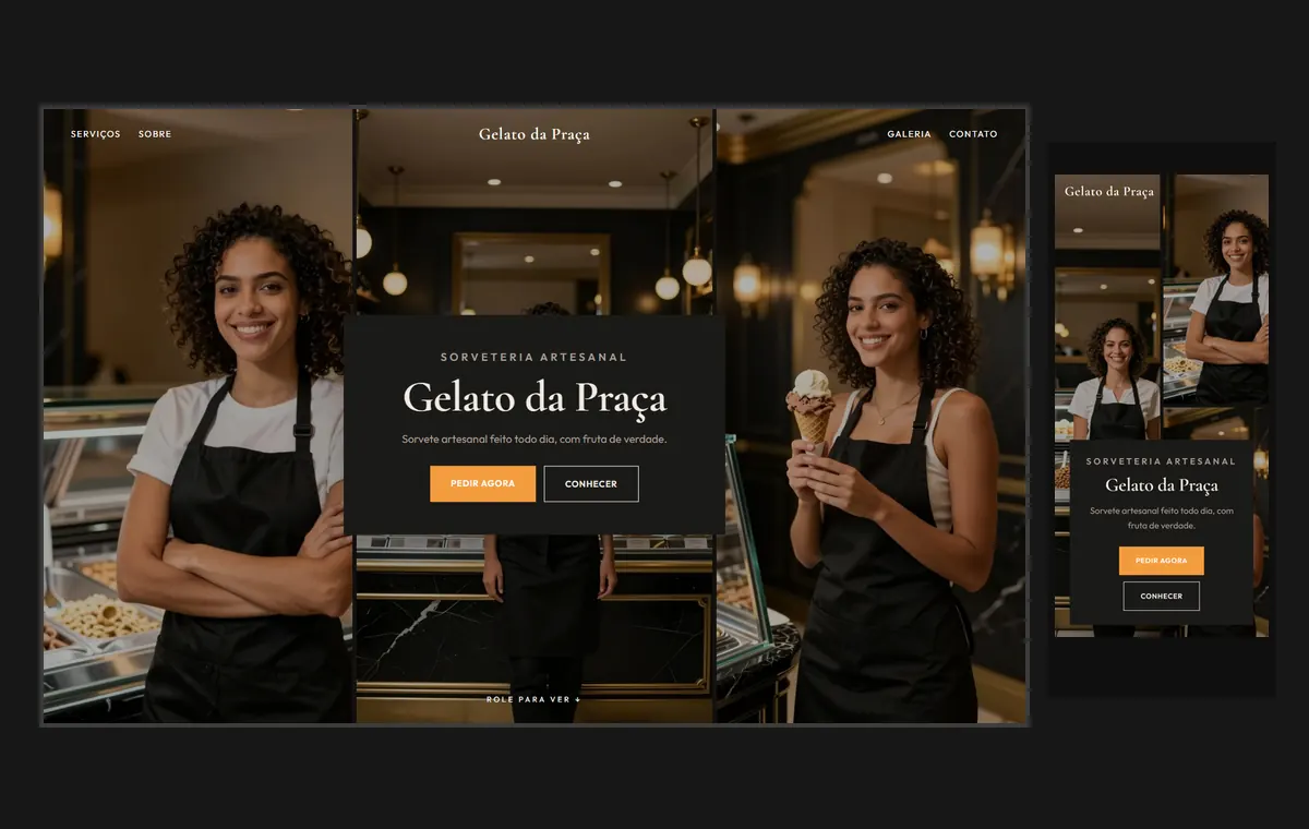 Site de sorveteria no modelo Mosaico Carvão