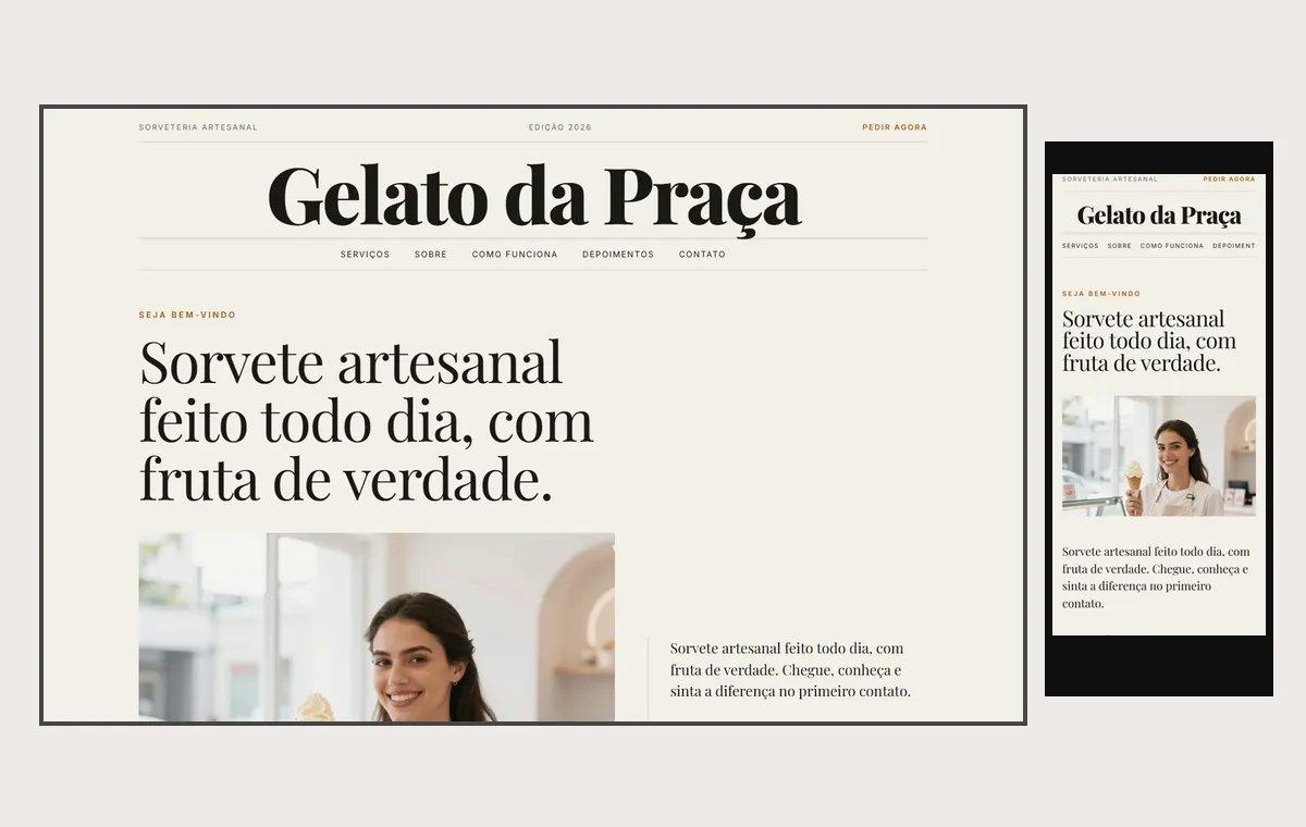 Site de sorveteria no modelo Revista Linho