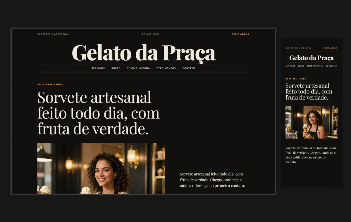 Site de sorveteria no modelo Revista Ébano