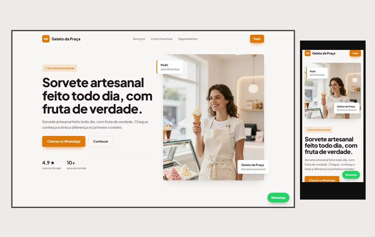 Site de sorveteria no modelo Vitrine Aurora