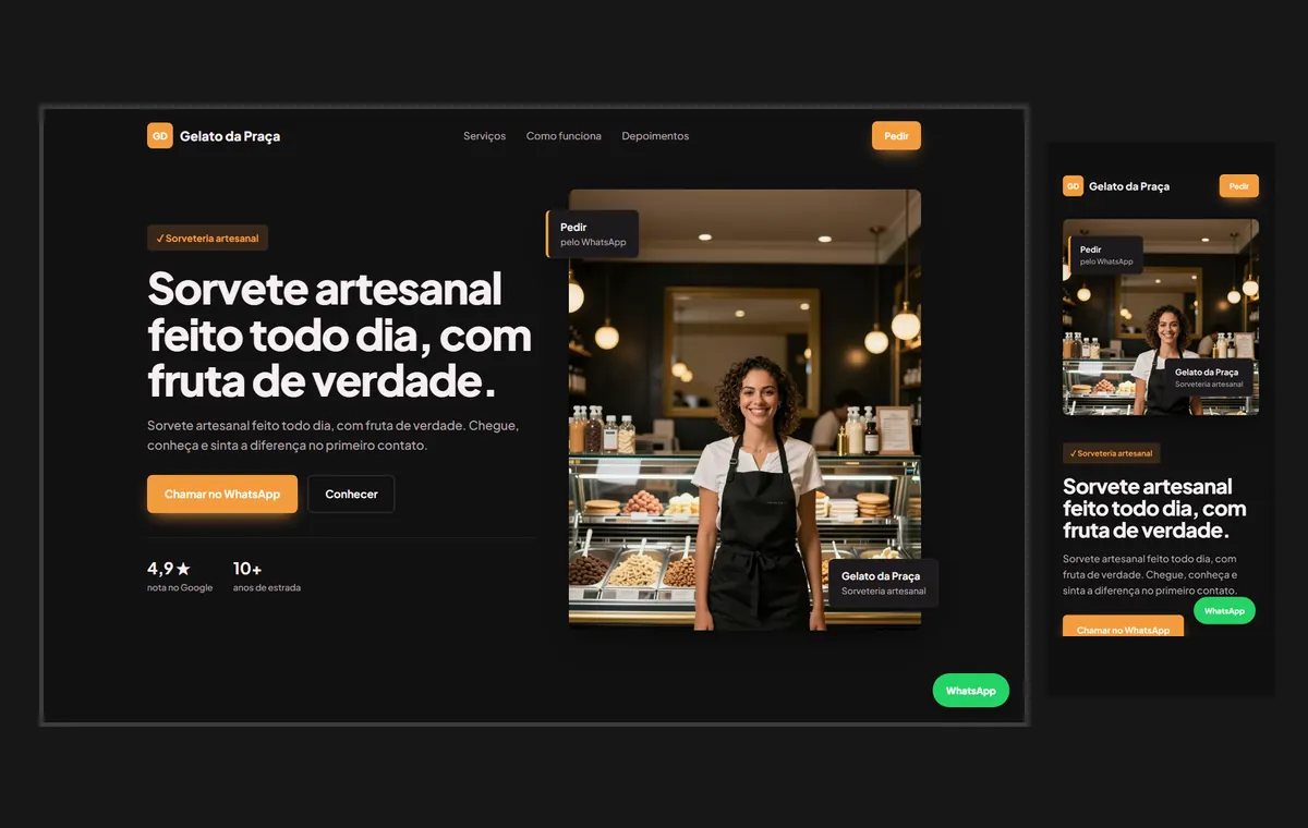 Site de sorveteria no modelo Vitrine Neon