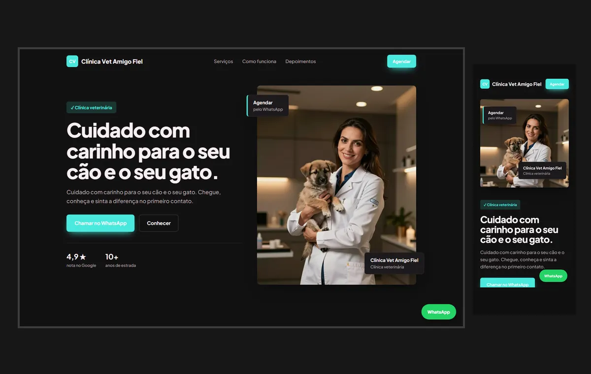 Site de veterinário e pet no modelo Vitrine Neon