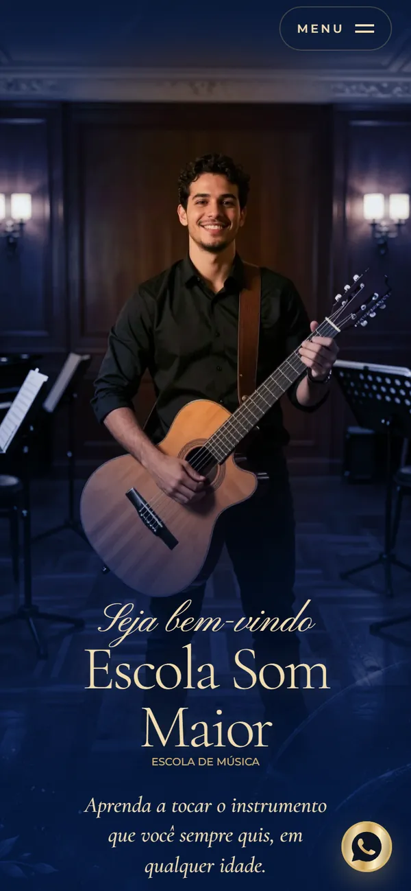 O site AcheMe de escola de música no celular